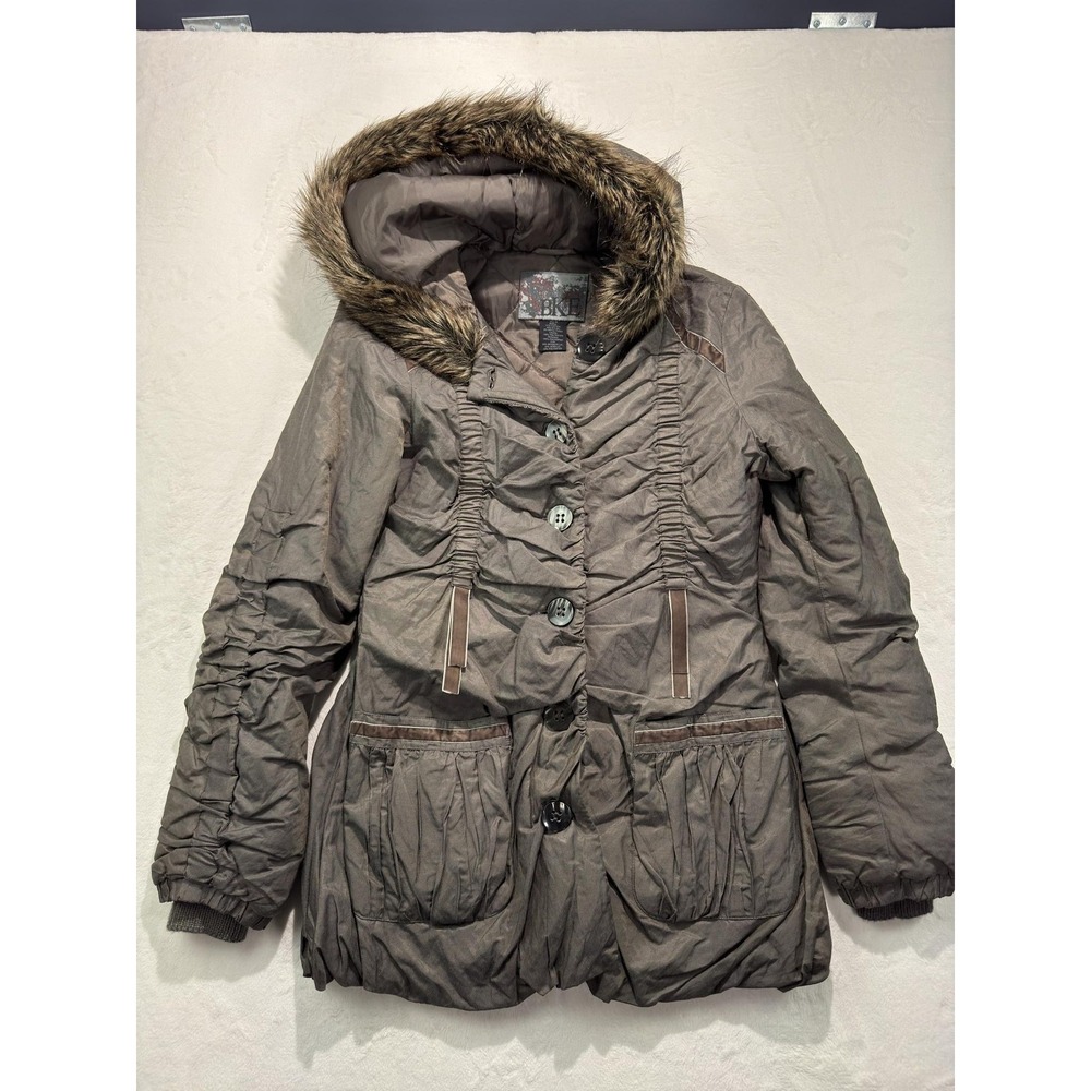 BKE Coat Womens Medium Brown Hooded Belted Faux Fur Trim Parka Quilted Jacket